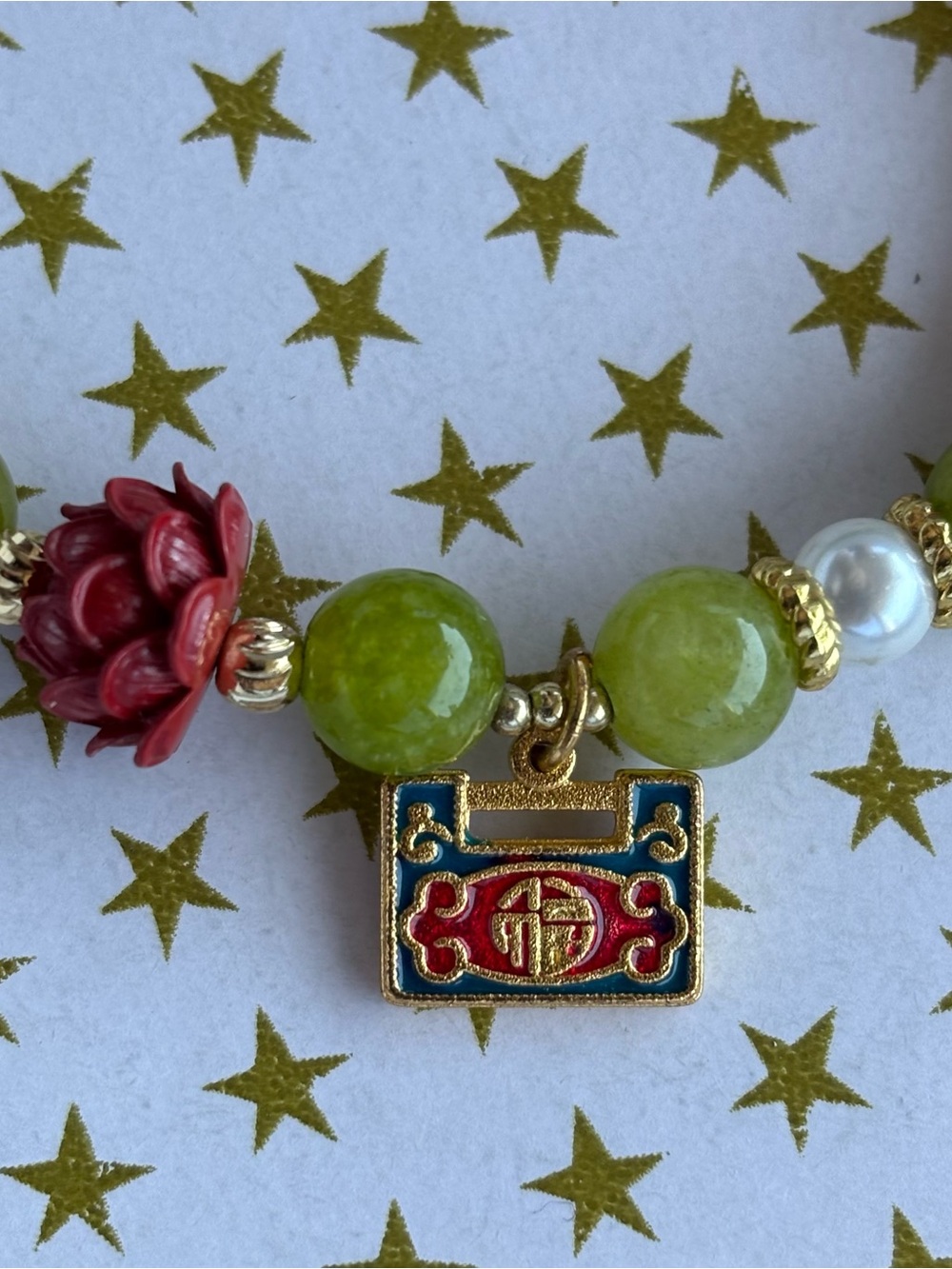 Green Bead Charm Bracelet with Red Lotus and Enamel Pendant